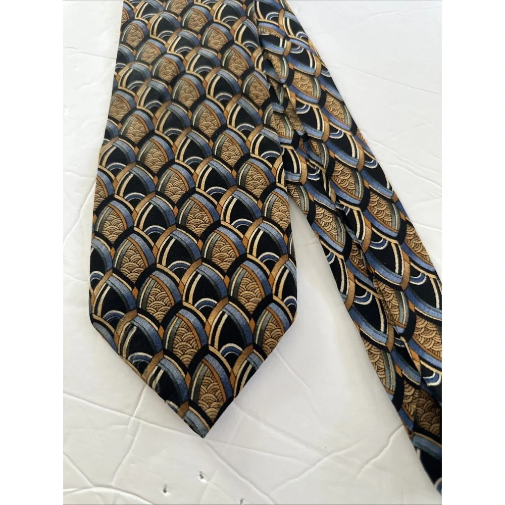 J. Garcia Art-Inspired Silk Tie Blue Gold Geometric Pattern 90s Abstract 3.75x59
